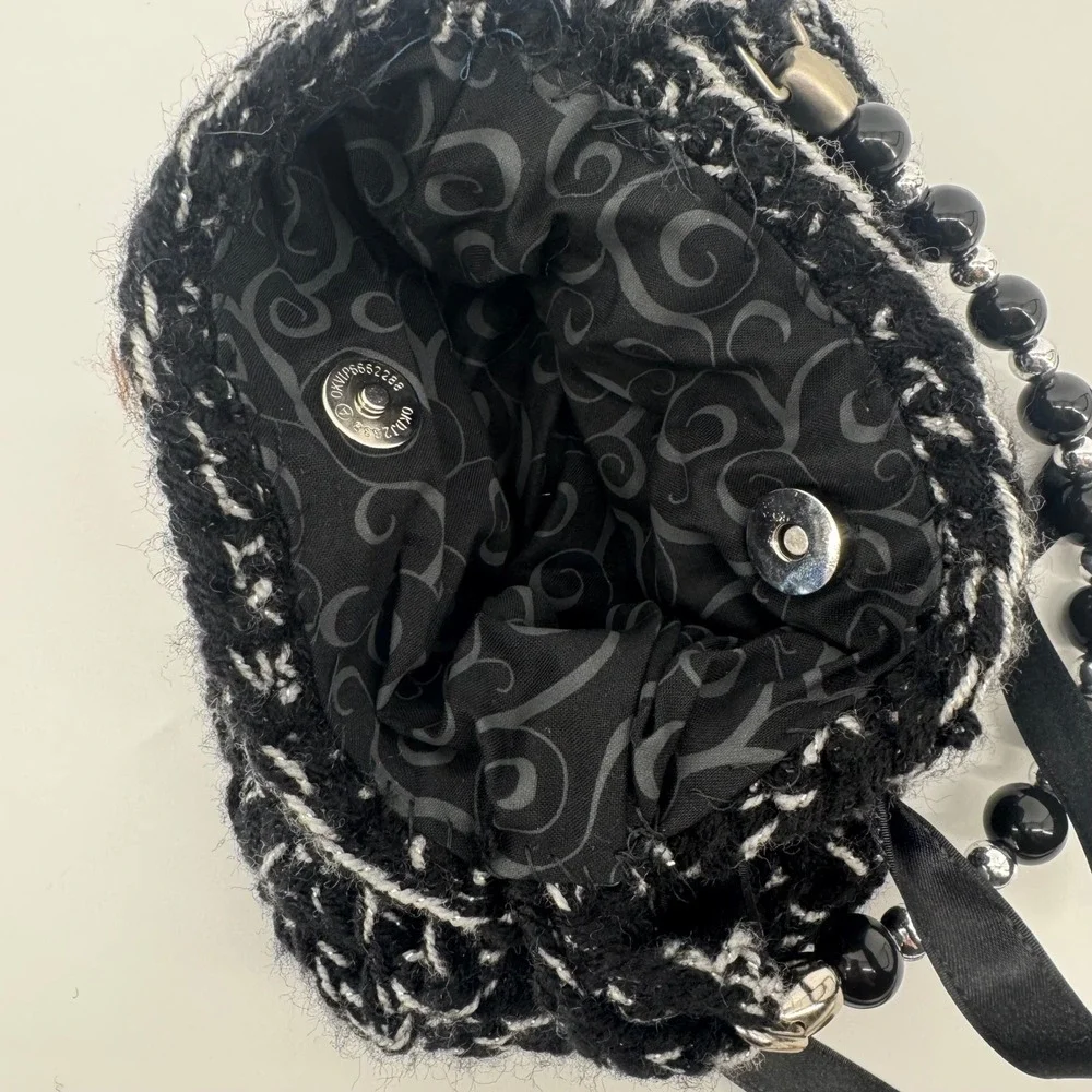 Black & White Crochet Beaded Handle Purse Ribbon‎ Detail Handbag Evening Bag